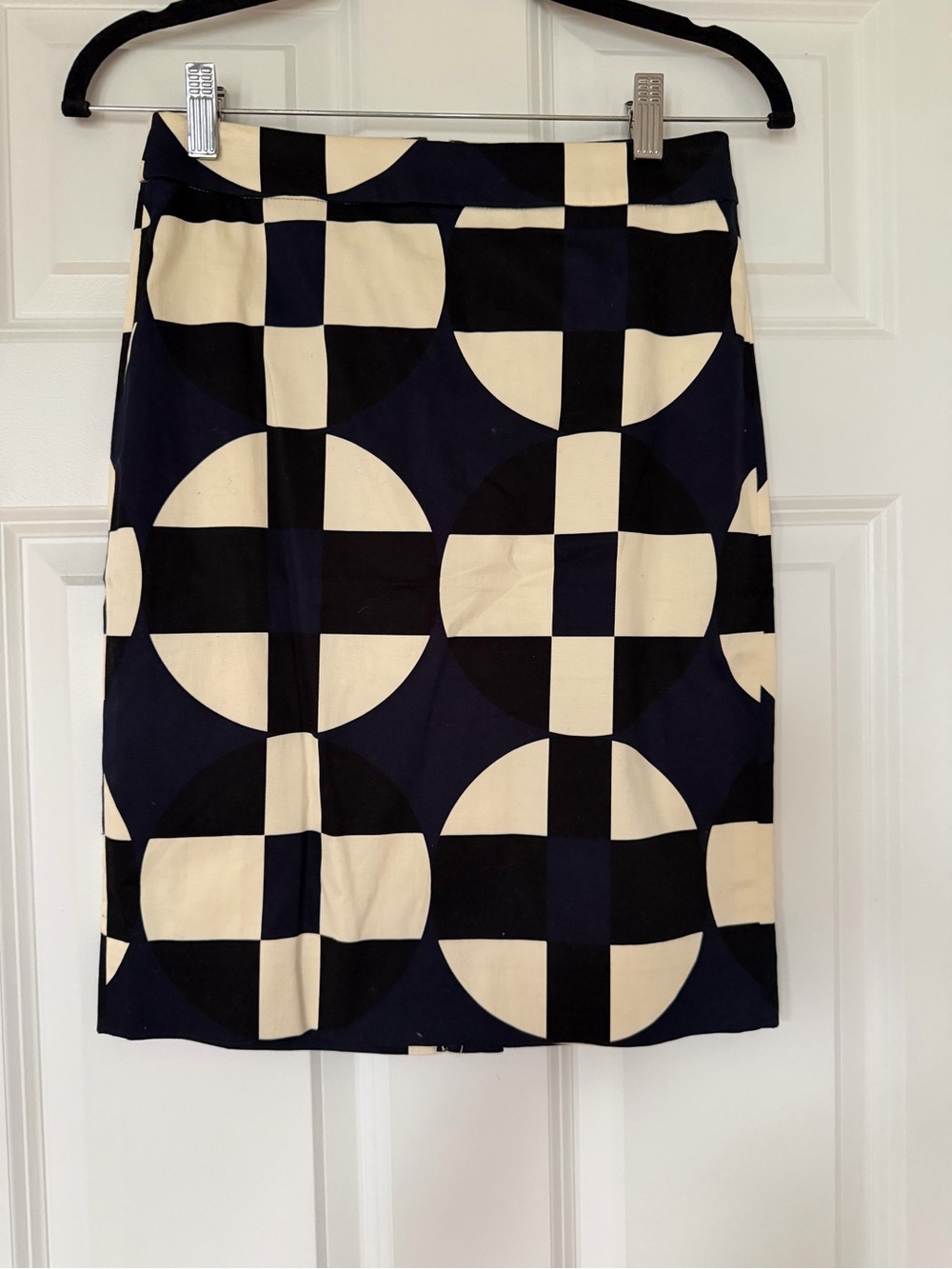 J. Crew Cotton Navy and Cream Geometric/Retro Pencil Skirt